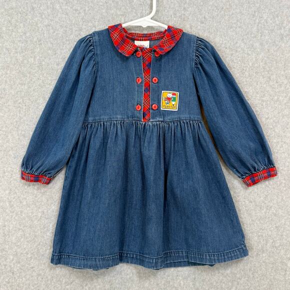 Vintage Oshkosh B'Gosh Denim Dress Size 3T Plaid School Cat Crayon Country - Picture 2 of 16